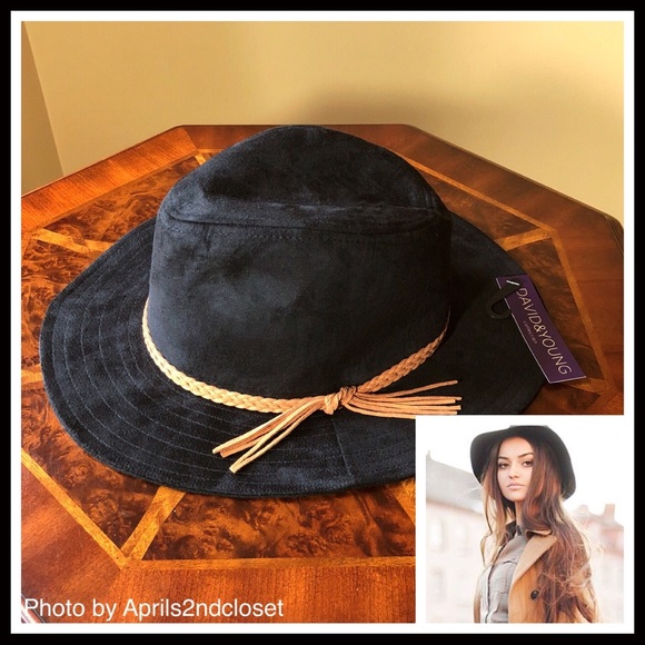 DAVID & YOUNG BLACK VEGAN SUEDE WIDE PANAMA HAT - Picture 2 of 8